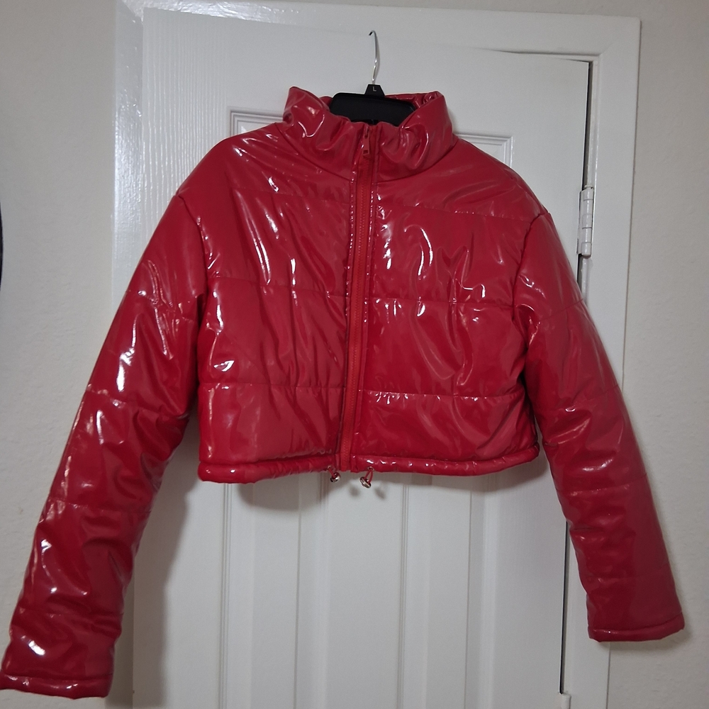 ​Daisy Red Shiny Faux Leather Cropped Puffer Jacket - Size Small